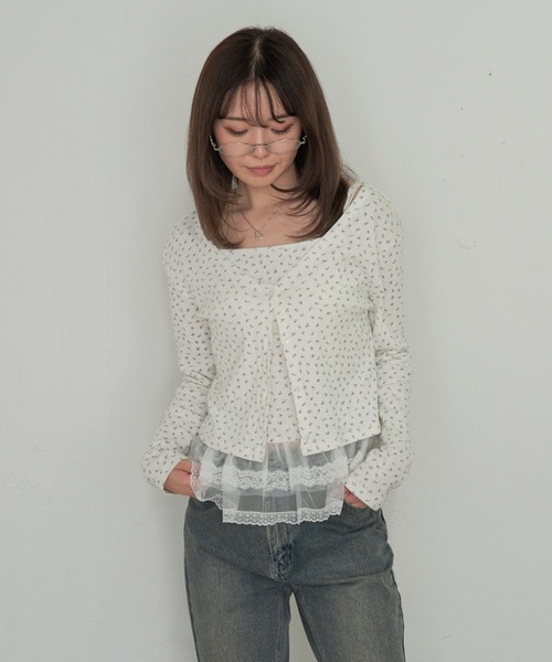 RAY CASSIN（レイカズン）の「パターンメッシュフリルキャミSET（カーディガン/ボレロ・レディース・ライトグレー/ブルー系その他2/ホワイト系その他2/ブルー/ネイビー・FREE）」の2枚目の写真