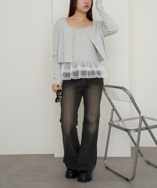 RAY CASSIN（レイカズン）の「パターンメッシュフリルキャミSET（カーディガン/ボレロ・レディース・ライトグレー/ブルー系その他2/ホワイト系その他2/ブルー/ネイビー・FREE）」の16枚目の写真