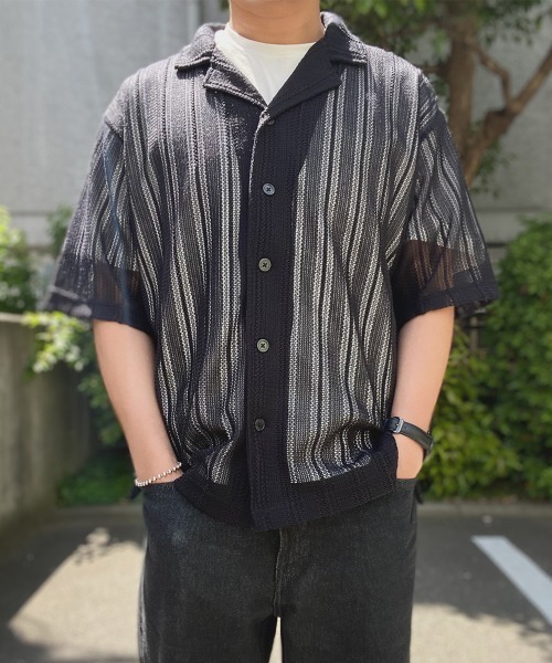 g-stage(ジーステージ)の「ブラック ホワイト レース編みニットオープンカラー半袖シャツ(シャツ/ブラウス・メンズ・ホワイト/ブラック・46/48/50)」の1枚目の写真