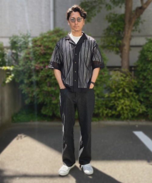 g-stage(ジーステージ)の「ブラック ホワイト レース編みニットオープンカラー半袖シャツ(シャツ/ブラウス・メンズ・ホワイト/ブラック・46/48/50)」の16枚目の写真