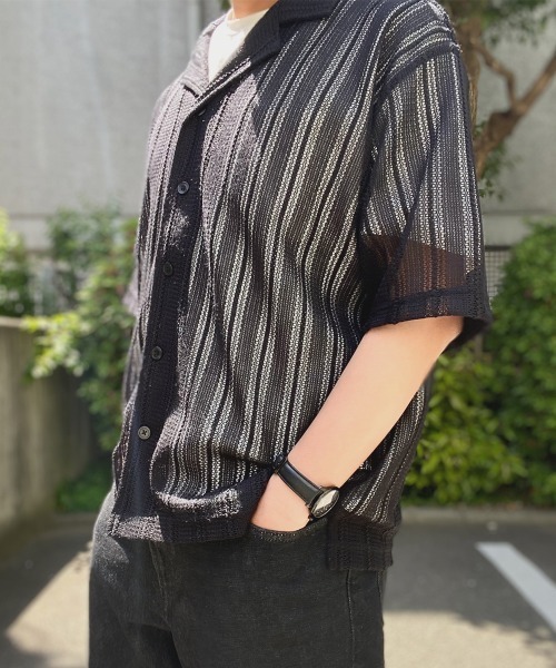 g-stage(ジーステージ)の「ブラック ホワイト レース編みニットオープンカラー半袖シャツ(シャツ/ブラウス・メンズ・ホワイト/ブラック・46/48/50)」の17枚目の写真