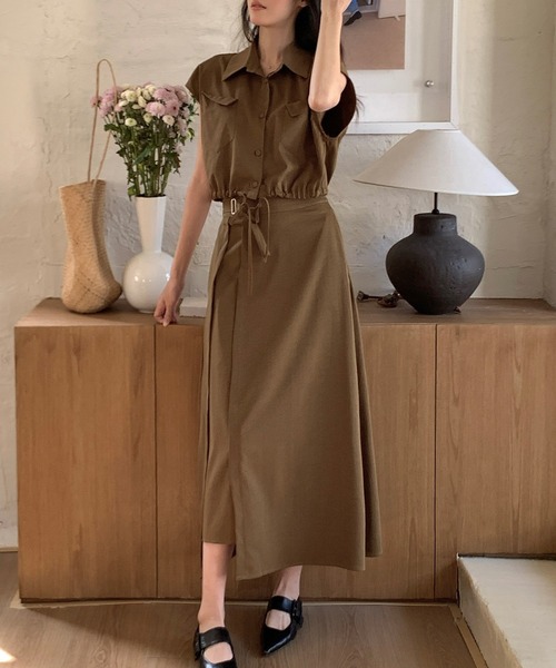 DAY CLOSET(デイ クローゼット)の「レディース クロップド丈フレンチスリーブシャツ+ラップ風ロングスカート 2点セット(セットアップ・レディース・ブラウン/ブラック/ベージュ・FREE)」の9枚目の写真