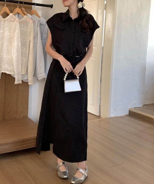 DAY CLOSET(デイ クローゼット)の「レディース クロップド丈フレンチスリーブシャツ+ラップ風ロングスカート 2点セット(セットアップ・レディース・ブラウン/ブラック/ベージュ・FREE)」の5枚目の写真