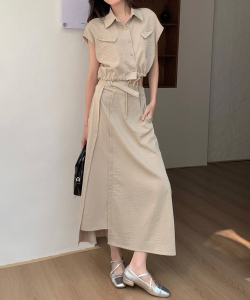 DAY CLOSET(デイ クローゼット)の「レディース クロップド丈フレンチスリーブシャツ+ラップ風ロングスカート 2点セット(セットアップ・レディース・ブラウン/ブラック/ベージュ・FREE)」の13枚目の写真