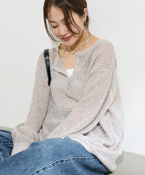 JOURNAL STANDARD（ジャーナルスタンダード）の「《追加》ヘンリーメッシュニット（ニット/セーター・レディース・ブラウン/ライトグレー/ブラック・FREE）」の3枚目の写真