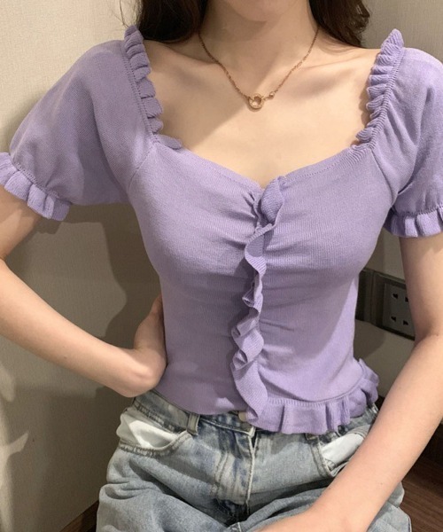 shoppinggo（ショッピングゴー）の「韓国ファッション 夏新作 サマーニットトップス レディース（Tシャツ/カットソー・レディース・ホワイト/パープル/ピンク/イエロー/グリーン/ライトピンク・FREE）」の3枚目の写真