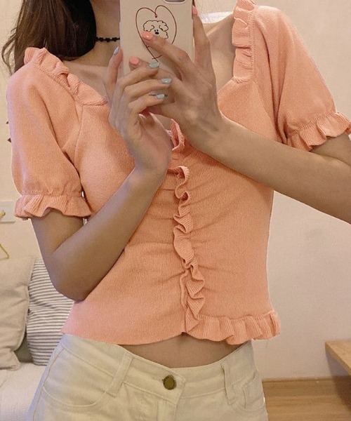 shoppinggo（ショッピングゴー）の「韓国ファッション 夏新作 サマーニットトップス レディース（Tシャツ/カットソー・レディース・ホワイト/パープル/ピンク/イエロー/グリーン/ライトピンク・FREE）」の6枚目の写真