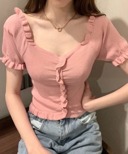 shoppinggo（ショッピングゴー）の「韓国ファッション 夏新作 サマーニットトップス レディース（Tシャツ/カットソー・レディース・ホワイト/パープル/ピンク/イエロー/グリーン/ライトピンク・FREE）」の5枚目の写真