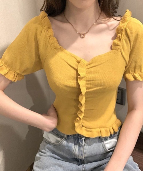 shoppinggo（ショッピングゴー）の「韓国ファッション 夏新作 サマーニットトップス レディース（Tシャツ/カットソー・レディース・ホワイト/パープル/ピンク/イエロー/グリーン/ライトピンク・FREE）」の4枚目の写真