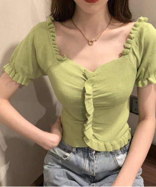 shoppinggo（ショッピングゴー）の「韓国ファッション 夏新作 サマーニットトップス レディース（Tシャツ/カットソー・レディース・ホワイト/パープル/ピンク/イエロー/グリーン/ライトピンク・FREE）」の2枚目の写真