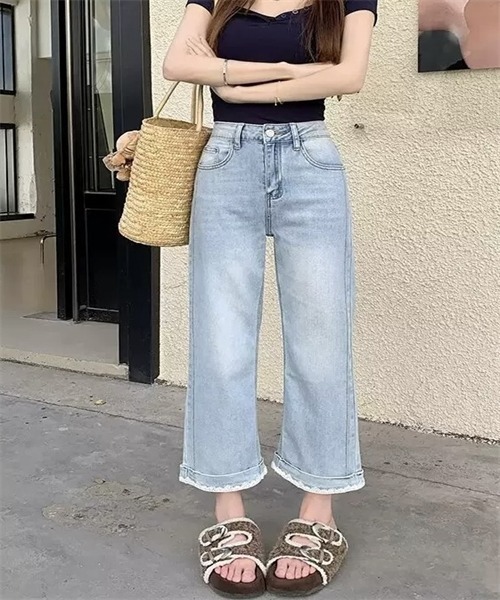 FREE STYLISTS（フリー スタイリスト）の「裾レース9分丈デニムパンツ（デニムパンツ・レディース・ライトブルー/インディゴブルー・M/L/4XL/XL/2XL/3XL/5XL/S）」の3枚目の写真