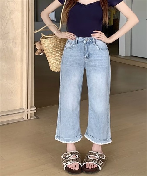 FREE STYLISTS（フリー スタイリスト）の「裾レース9分丈デニムパンツ（デニムパンツ・レディース・ライトブルー/インディゴブルー・M/L/4XL/XL/2XL/3XL/5XL/S）」の5枚目の写真