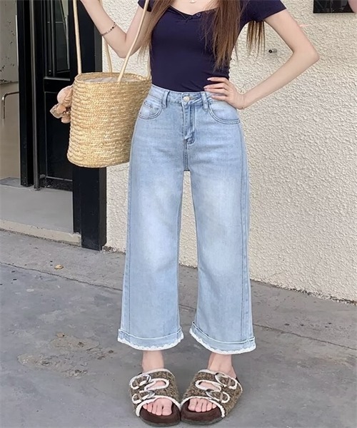 FREE STYLISTS（フリー スタイリスト）の「裾レース9分丈デニムパンツ（デニムパンツ・レディース・ライトブルー/インディゴブルー・M/L/4XL/XL/2XL/3XL/5XL/S）」の4枚目の写真