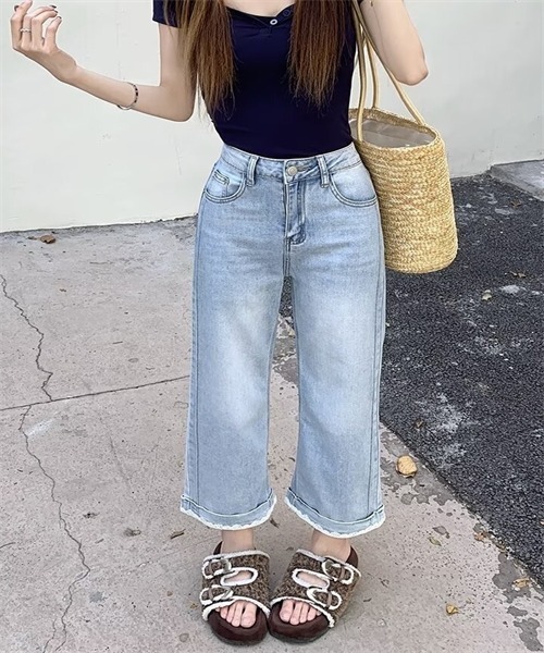 FREE STYLISTS（フリー スタイリスト）の「裾レース9分丈デニムパンツ（デニムパンツ・レディース・ライトブルー/インディゴブルー・M/L/4XL/XL/2XL/3XL/5XL/S）」の8枚目の写真