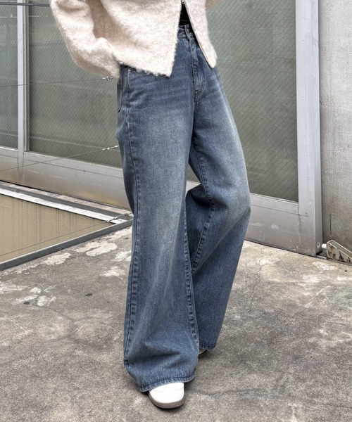 セール】ウエスト調整可能 / ダブルボタンフレアデニムパンツ（デニム