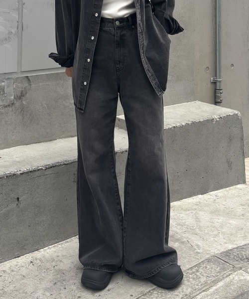 セール】ウエスト調整可能 / ダブルボタンフレアデニムパンツ（デニム