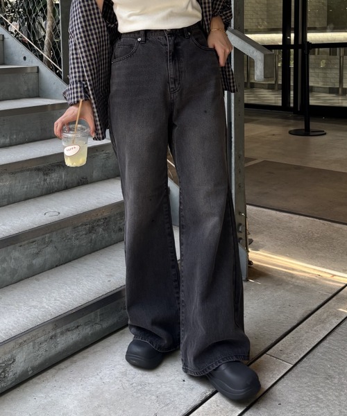 ウエスト調整可能 / ダブルボタンフレアデニムパンツ（デニムパンツ