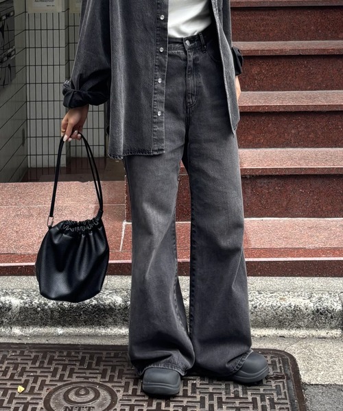 セール】ウエスト調整可能 / ダブルボタンフレアデニムパンツ（デニム