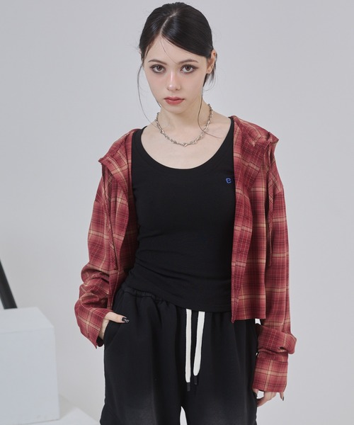 ENVYM（アンビー）の「オーバーサイズ ショート フーディー チェックシャツ（シャツ/ブラウス・レディース・ブラック/レッド/ブラウン・FREE）」の20枚目の写真