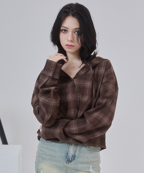 ENVYM（アンビー）の「オーバーサイズ ショート フーディー チェックシャツ（シャツ/ブラウス・レディース・ブラック/レッド/ブラウン・FREE）」の15枚目の写真