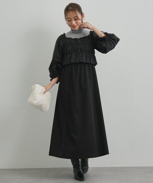 un dix cors（アンディコール）の「《低身長サイズあり・大人の華やかさ◎》スクエア異素材シャーリングワンピ（ワンピース・レディース・ブラック/グレイッシュベージュ・FREE/S）」の12枚目の写真