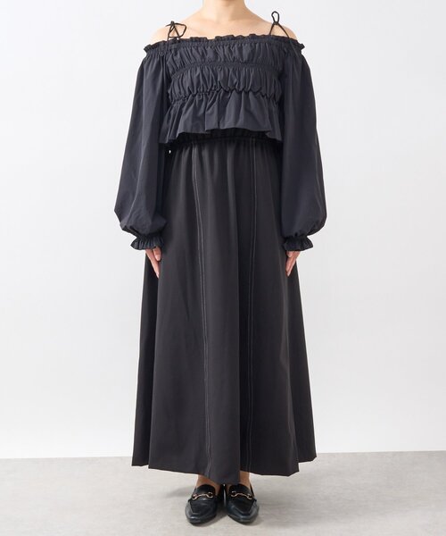 un dix cors（アンディコール）の「《低身長サイズあり・大人の華やかさ◎》スクエア異素材シャーリングワンピ（ワンピース・レディース・ブラック/グレイッシュベージュ・FREE/S）」の14枚目の写真