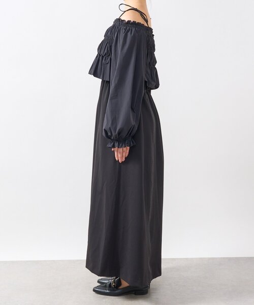 un dix cors（アンディコール）の「《低身長サイズあり・大人の華やかさ◎》スクエア異素材シャーリングワンピ（ワンピース・レディース・ブラック/グレイッシュベージュ・FREE/S）」の15枚目の写真