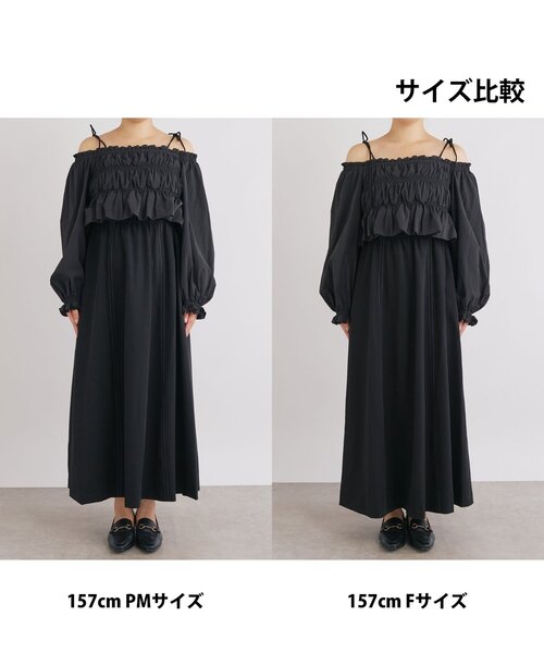 un dix cors（アンディコール）の「《低身長サイズあり・大人の華やかさ◎》スクエア異素材シャーリングワンピ（ワンピース・レディース・ブラック/グレイッシュベージュ・FREE/S）」の22枚目の写真