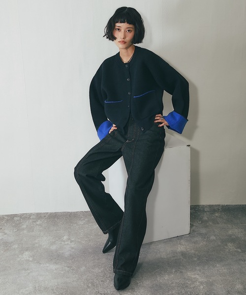 バイカラーシャツニットカーディガン バイカラーの配色が目を引く配色サマーニットカーディガン[品番