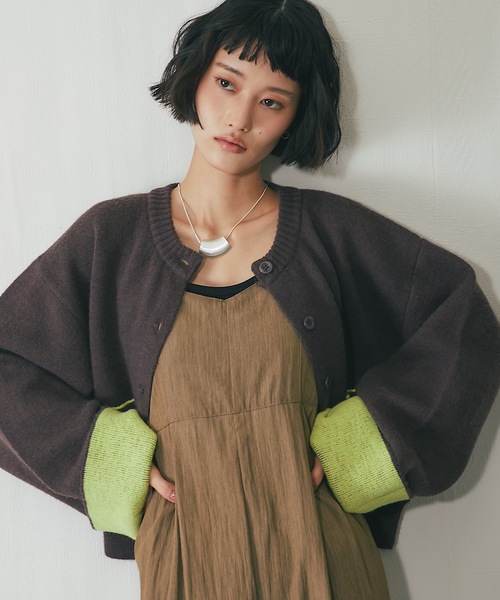 新鮮な配色のバイカラーニットカーディガン（カーディガン/ボレロ