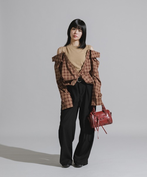 Chick（チック）の「Y2K-Style Fake Layered Check Shirt / Y2K風 フェイクレイヤードチェックシャツ（シャツ/ブラウス・レディース・カーキ/ブラック・FREE）」の16枚目の写真