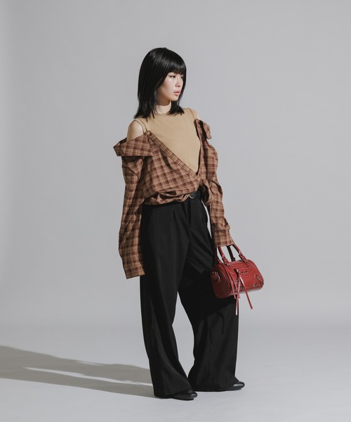 Chick（チック）の「Y2K-Style Fake Layered Check Shirt / Y2K風 フェイクレイヤードチェックシャツ（シャツ/ブラウス・レディース・カーキ/ブラック・FREE）」の19枚目の写真