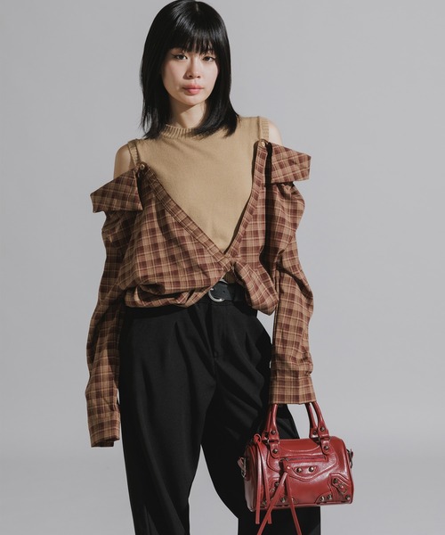 Chick（チック）の「Y2K-Style Fake Layered Check Shirt / Y2K風 フェイクレイヤードチェックシャツ（シャツ/ブラウス・レディース・カーキ/ブラック・FREE）」の10枚目の写真