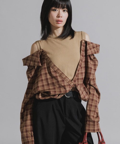 Chick（チック）の「Y2K-Style Fake Layered Check Shirt / Y2K風 フェイクレイヤードチェックシャツ（シャツ/ブラウス・レディース・カーキ/ブラック・FREE）」の11枚目の写真