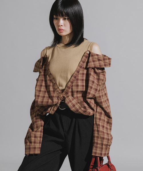 Chick（チック）の「Y2K-Style Fake Layered Check Shirt / Y2K風 フェイクレイヤードチェックシャツ（シャツ/ブラウス・レディース・カーキ/ブラック・FREE）」の13枚目の写真