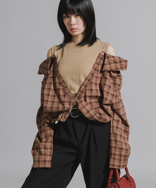 Chick（チック）の「Y2K-Style Fake Layered Check Shirt / Y2K風 フェイクレイヤードチェックシャツ（シャツ/ブラウス・レディース・カーキ/ブラック・FREE）」の12枚目の写真