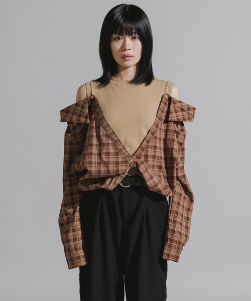 Chick（チック）の「Y2K-Style Fake Layered Check Shirt / Y2K風 フェイクレイヤードチェックシャツ（シャツ/ブラウス・レディース・カーキ/ブラック・FREE）」の20枚目の写真