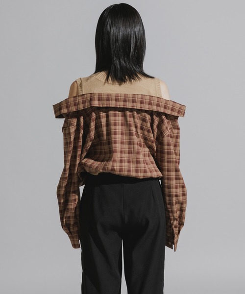 Chick（チック）の「Y2K-Style Fake Layered Check Shirt / Y2K風 フェイクレイヤードチェックシャツ（シャツ/ブラウス・レディース・カーキ/ブラック・FREE）」の22枚目の写真