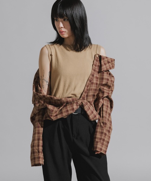 Chick（チック）の「Y2K-Style Fake Layered Check Shirt / Y2K風 フェイクレイヤードチェックシャツ（シャツ/ブラウス・レディース・カーキ/ブラック・FREE）」の14枚目の写真
