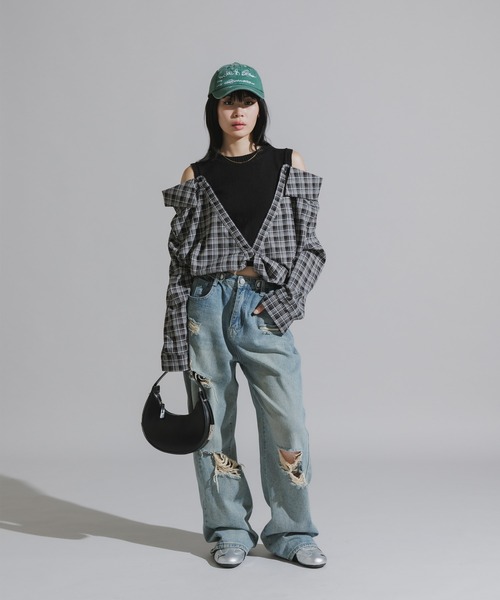 Chick（チック）の「Y2K-Style Fake Layered Check Shirt / Y2K風 フェイクレイヤードチェックシャツ（シャツ/ブラウス・レディース・カーキ/ブラック・FREE）」の6枚目の写真