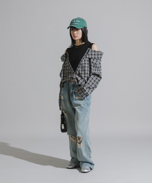 Chick（チック）の「Y2K-Style Fake Layered Check Shirt / Y2K風 フェイクレイヤードチェックシャツ（シャツ/ブラウス・レディース・カーキ/ブラック・FREE）」の7枚目の写真