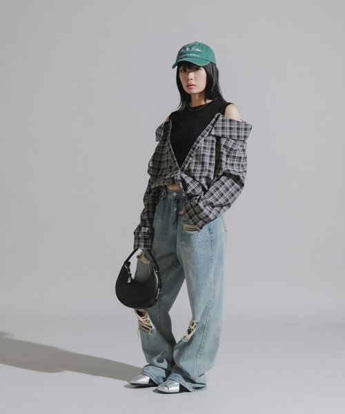 Chick（チック）の「Y2K-Style Fake Layered Check Shirt / Y2K風 フェイクレイヤードチェックシャツ（シャツ/ブラウス・レディース・カーキ/ブラック・FREE）」の8枚目の写真