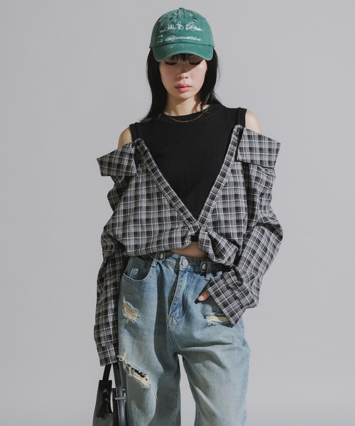 Chick（チック）の「Y2K-Style Fake Layered Check Shirt / Y2K風 フェイクレイヤードチェックシャツ（シャツ/ブラウス・レディース・カーキ/ブラック・FREE）」の3枚目の写真