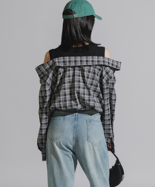 Chick（チック）の「Y2K-Style Fake Layered Check Shirt / Y2K風 フェイクレイヤードチェックシャツ（シャツ/ブラウス・レディース・カーキ/ブラック・FREE）」の5枚目の写真