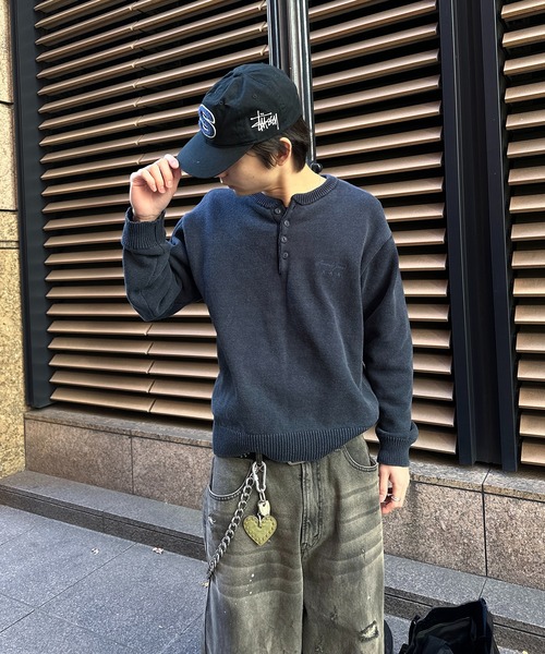 HENLEY NECK LINENLIKE CROPPED KNIT／ヘンリーネックリネンライク