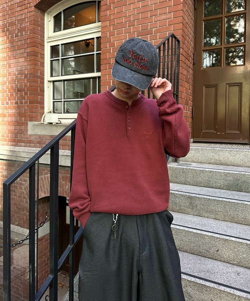 HENLEY NECK LINENLIKE CROPPED KNIT／ヘンリーネックリネンライク 