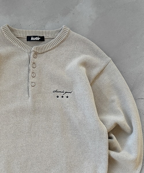HENLEY NECK LINENLIKE CROPPED KNIT／ヘンリーネックリネンライク