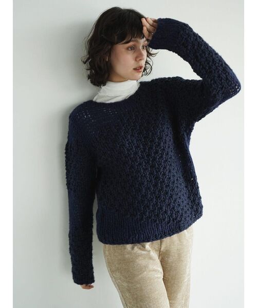 FIKA.（フィーカ）の「Mixed gauge knit pullover（ニット/セーター・レディース・ネイビー/ホワイト系・MEDIUM）」の2枚目の写真