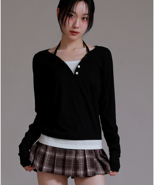LIKE THE MOST(ライクザモースト)の「半袖追加ネックポイントボタンレイヤードTシャツ_ブラック(Tシャツ/カットソー・レディース・ブラック/ブラック系その他・LARGE/MEDIUM/SMALL)」の1枚目の写真