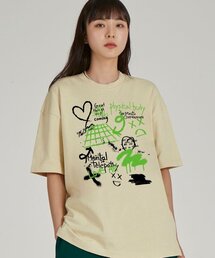 フロントアストラルグラフィティラウンドネック15番手綿半袖Tシャツ_バター